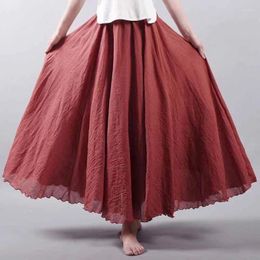 Skirts Autumn High Quality Cotton Linen Maxi Skirt 2024 Womens Casual Elastic Waist Pleated A-Line Beach Feminina Jupe