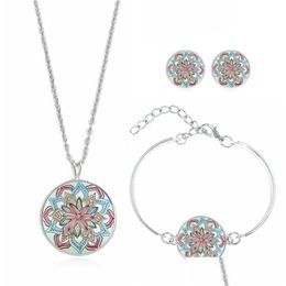 Bracelet, Earrings & Necklace Bracelet Jewelry Gifts Mandala Flower Print Design Time Gemstone Sier Plated Bangle Stud Set For Drop D Dhty6