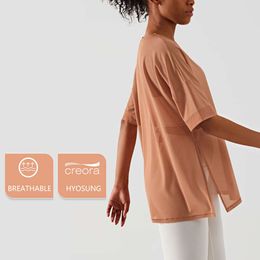Lu Align T-Shirt Mulheres Tee de verão Fabric Nylon Spandex Sports Yoga Mangas curtas Camisas esportivas