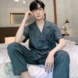 Summer Ice Silk Pyjamas Mens Pants Short Sleeve Home Wear Spring Sleepwear Set Female Breathable Satin Nightwear Gentlemen 240518