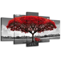 Amosi Art5 Panels Red Tree Canvas Painting Wall Art Landscape Artwork Prints for Living Room Bedroom Home Decor Wooden Framed Rea61186224