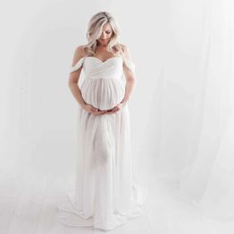 Maternity Dresses Pregnant womens dress taken in photos shoulder short sleeved mesh transparent split style long maternity dress H240518