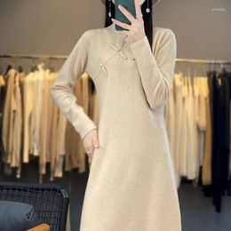 Casual Dresses Autumn Winter For Women 2024 Elegant Soft Warm Side Slit Disc Buckle Stand Collar Long Sweater Cheongsam Woollen Dress