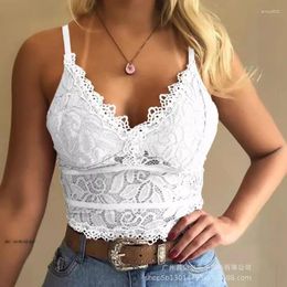 Women's Tanks 2024 Spring Summer Vest Top Solid Color Sexy See-through Lace Camis Spaghetti-Strap V-neck Sleeveless