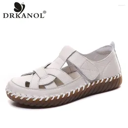 Casual Shoes DRKANOL 2024 Handmade Sewing Genuine Leather Flat Women Summer Hollow Breathable Loafers Hook And Loop Soft