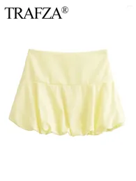 Skirts TRAFZA Summer Fashion Mini Woman Trendy Yellow High Waist Pleated Decorate Zipper Female Street Short