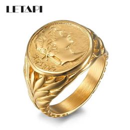 Band Rings LETAPI Punk Vintage Roman Caesar Head Ring Silver Stainless Steel Coin Jules Caesar Rfor Mens Jewellery J240516