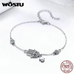 WOSTU Fatima of Hand Hamsa Eye Bracelets 925 Sterling Silver Blue Zircon Chain Link For Women Bangles Wedding Jewellery FIB079 240518