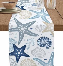 Table Cloth Ocean Coral Starfish Linen Runner Holiday Party Decor Reusable Farmhouse Kitchen Dining Wedding Decorations