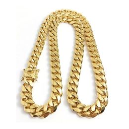 316L Stainless Steel Jewellery 18K Gold Plated High Polished Miami Cuban Link Necklace Men Punk 15mm Curb Chain Double Safety Clasp 18inc 276r