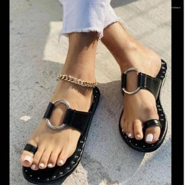 Slippers 2024 Summer Women Metal Ladies Flat Casual Comfort Beach Shoes Fashion Rivet