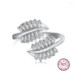 Cluster Rings S925 Sterling Silver Open Ring Women's Zircon Row Diamond Design Leaf Shape Personalized Fashion