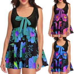 Women Spaghetti Strap Tankinis Round Neck Strappy Bowknot Floral Printed Beach Dresses For Backless Swimwear Beachwear