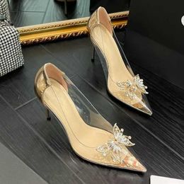 Dress Shoes New Pointed Crystal Fairy Ladies Wind Sandals Rhinestone Butterfly-knot Transparent High Heel Women Fashion H240517