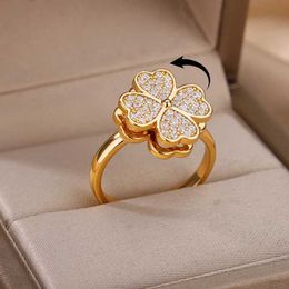 Band Rings Rotating Zircon Heart shaped Clover Ring Womens Stainless Steel Anti Stress Anxiety Fidget RJewelry Christmas Gift J240516