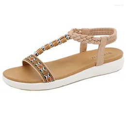 Casual Shoes SIKETU Women Sandals String Bead Round Toe Elastic Band PU Light Comfort Bohemia Bohemian Pink