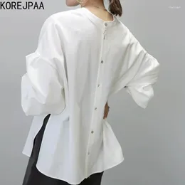 Women's Blouses Korejpaa Women Shirts Elegant Japan Style Round Neck Split White Shirt 2024 Spring Back Single Breasted Solid Blusas Mujer