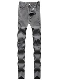 Men039s Slim Fit Hole Grey Jeans Straight Leg Patchwork Ripped Men Denim Pants Regular Cotton Jean Destroyed Pant Hip Hop Casua3785379