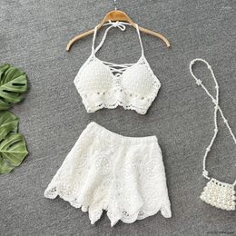 Work Dresses Seaside Holiday Suit Women's Sets Summer Wear Retro Crochet Hollow Knitted Suspender Top Shorts 2pcs Set