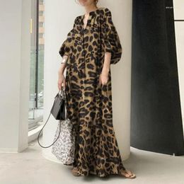 Casual Dresses 2024 Temperament Leopard Print Dress Women's Fashion Loose Office Lady Stand Collar Bubble Sleeve Easy Shirt