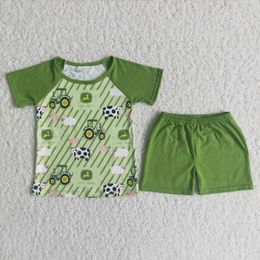 Country style green farm vehicle with lamb and pig print green short sleeves paired with solid green shorts