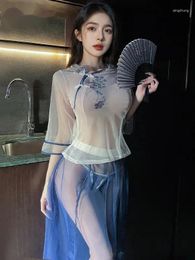 Party Dresses Sexy Printing Transparent Cheongsam Mesh Uniform China Style Student Dress Elegant Sleeping Sweet Women S798