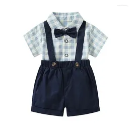 Clothing Sets Born Baby Boy Formal Shirt Bow Suspender Pant 3PCS Infant Child Toddler Plaid Tops Solid Colour Pants Suit Clothes 6M-5Y