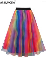 Skirts Colourful Vintage Mesh Overlay Long For Women 2024 Multicolor Rainbow Ball Gown Flare Elastic Waist Pleated Casual Skirt