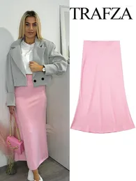 Skirts TRAFZA Women Elegant Solid Colour High Waist Long Woman Vintage Casual Chic Draped Fold Slim Party Skirt Streetwear