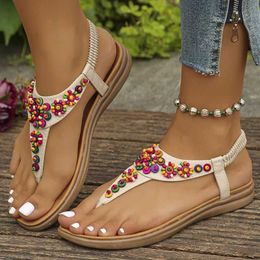 SandalsSummer Clip Toe Bohemia Sandals Women Fashion String Bead Flat Heels Sandles Woman Non Slip Sole Beach Flip Flops Mujer H240517