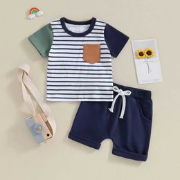 Set di abbigliamento 2019-11-04 Lioraitiin 0-24m Preschool Boys Summer Set Short Short Slipe Stampare T-shirt+set di maniche corte tascabile J240518