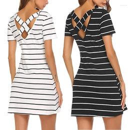 Casual Dresses Fashion Dress Striped Round Neck Sexy Open Back Cross Loose Summer Short-sleeved Women's Clothing Bodycon