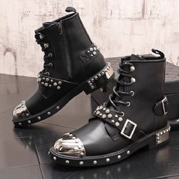 Spring Autumn Men Leather Boots Punk Style Rivet Metal Motorcycle Fashion High Top Men Leather Boots 1A19