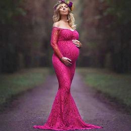 Maternity Dresses Women Ruched Floral Lace Maternity Photography Prop Long Sleeve Maxi Dress Fancy Wedding Pregnancy Gown Baby Shower Photoshoot H240518