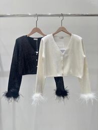 Women's Jackets Autumn And Winter Bead Feather V-neck Knitted Cardigan Cuff Fur Stitching Elegant Temperament
