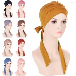 Ethnic Clothing Women Pre-Tied Hat Turban Chemo Cap Muslim Hijab Long Tail Head Wrap Bonnet Cancer Hair Loss Cover Beanies Headwear