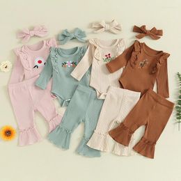 Clothing Sets 0-12M Infant Born Baby Girls Outfit Long Sleeve Embroidery Flower Romper With Flare Pants Headband 3pcs Set Clothes
