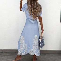 Party Dresses Chic Maxi Dress Buttons Stand Collar Fashion Short Sleeve Single-breasted Embroidery Belt Long