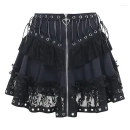 Skirts Women's Gothic Style Lace Spliced Skirt Dark Slimming Elastic Waist Bandage Mini Cake Y2K