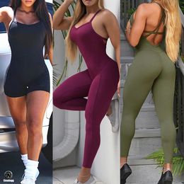 Backless Sports Woman Lycra Fitness Overalls One Piece Jumpsuit Shorts Sport Outfit Gym Workout Clothes for Women Sportwear 240518