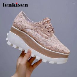 Fitness Shoes Lenkisen Gladiator Sweet Beauty Lady Lace Up Mesh Breathable Thick Bottom Wedges Sneaker Square Toe Vulcanised L28