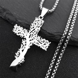 14K Gold Tree of Life Cross Pendant Necklace Men Women Aesthetic Necklace Jewellery arbol de la vida