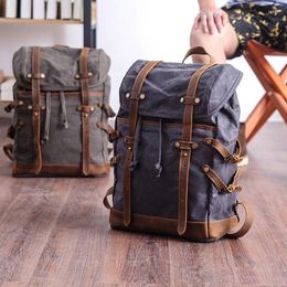 Backpack Waterproof Waxed Canvas Vintage Leather Men Racksack Large Bagpack School Bag