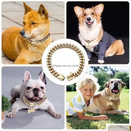 Dog Collars Leashes Gold Chain Collar 18K With Secure Buckle Stainless Steel Metal Chew Proof Heavy Duty Cuban Link For Medium Lar Dhbut