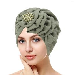 Ethnic Clothing Flower Hijab Cap Elegant Evening Party Suadi Solid Colour Hat Wrinkle With Bead Turban Bandana Muslim For Girl