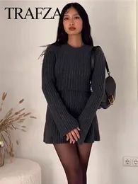 Casual Dresses TRAFZA Autumn Women Grey Knitted Sweater Dress Round Neck Long Sleeve A-Line Mini Y2k Elegant Solid Woman