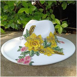 Party Hats White Fedora 3D Embroidered Flowers Men And Women Jazz Womens Wholesale Drop Delivery Ot9Vd