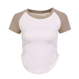 Lu Align T-shirt Kvinnor Summer TEE T-shirt Kvinnor Matchande färg veckade sportfiess Top Slim Yoga Kort ärm Sporttröjor