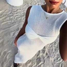 Basic Casual Dresses White Knitted Long Dress Women Sexy See Through Slim Beach Dress Summer Elegant Fashion Sleeveless Holiday Outfits 2024 Pink J240516