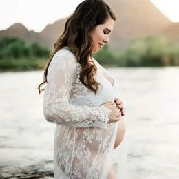 Maternity Dresses Pregnant woman photography Lace dress white perspective long dress long sleeved V-neck split front maternity attire photo shoot H240518